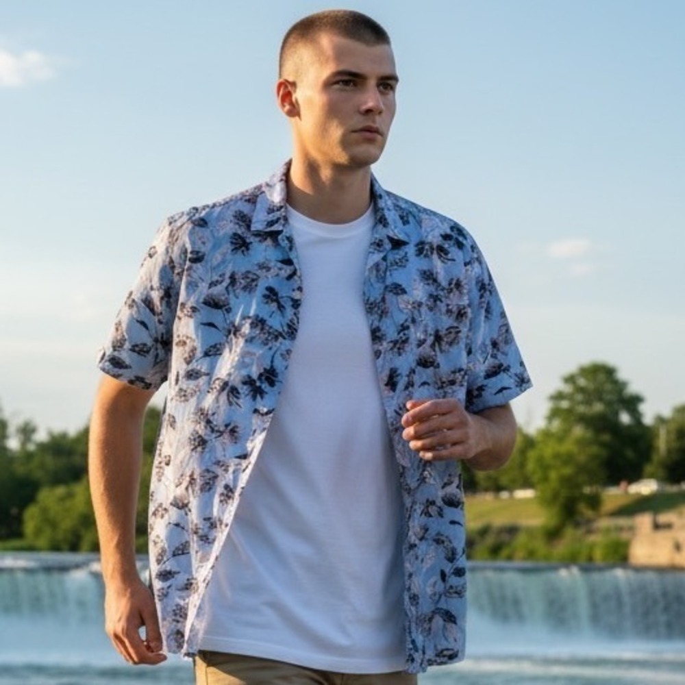 Barney Cools Men Blue Floral Rayon Short Sleeve Button Up Shirt BC-04-MC3 Size M